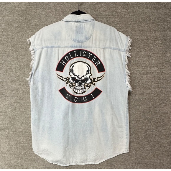Vintage Biker Cut Off Light Wash Denim Shirt Skull Hollister 2001 Faded Large - Picture 1 of 16